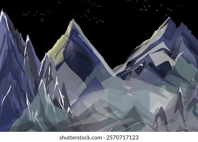 snow mountain view at night with starlight in the dark sky