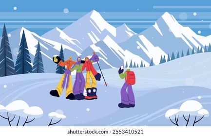 Snow mountains. Couples travel in cold nature. Winter season. People posing for photo. Snowy rocks trekking. Hiking tourism. Active group of tourists. Hikers in Alps. Vector panoramic illustration