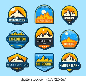 Snow mountains flat labels set. Hiking emblems and tourism logo vector illustration collection for design. Landscape, nature, park, recreation and expedition concept