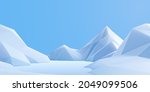 Snow mountains landscape with light blue sky. Outdoor nature background. Vector 3d illustration of winter low-poly decoration. Polygonal snow background. Stylized snowdrift. Game art concept