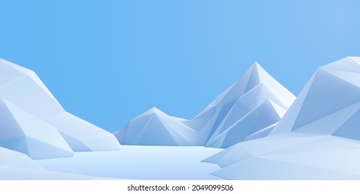 Snow mountains landscape with light blue sky. Outdoor nature background. Vector 3d illustration of winter low-poly decoration. Polygonal snow background. Stylized snowdrift. Game art concept