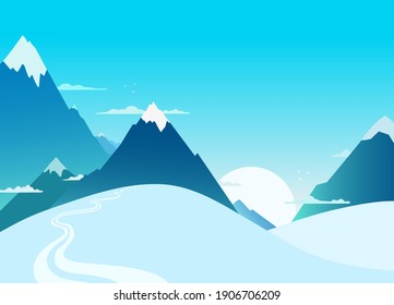 Snow mountains landscape scene. Mountain range. Snowcapped mountain ridge panorama. Winter background. A vector cartoon illustration.