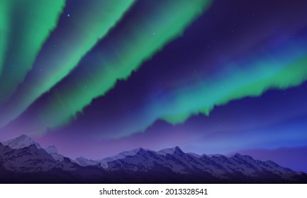 Snow mountains and northern lights landscape with stars, starry sky with polar lights, mountain in fog, vector illustration