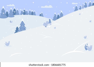 Snow mountains semi flat vector illustration. Winter resort for extreme sports. Place with trees and hills. Snowfall on traditional holiday. Cold season 2D cartoon landscape for commercial use