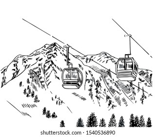 Snow mountains with ski lifts in line art style.