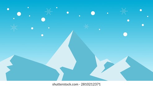 Snow mountains with snowflakes in front of blue sky background