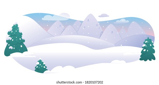 Nieve en el fondo invernal de las montañas. Paisaje con colinas, árboles, cielo con nubes de ilustración vectorial. Vista panorámica horizontal al aire libre. Clima nórdico, fondo de pantalla de viaje en la naturaleza.