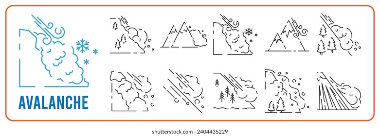 Snow natural avalanche or snow slide disaster line icon set. Winter vector white background