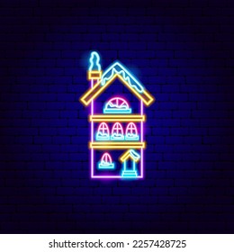 Snow Neon Purple House Sign. Vector Illustration of Seasonal Greetings. Holiday Celebration. Building and Architecture.