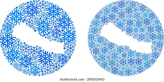 Collage de mapas de Nepal con nieve compuesto con esfera y forma de corte. Collage de mapas del Vector Nepal de elementos de nieve de diferentes tamaños y tonos azules. Diseñado para noticias de Año Nuevo.