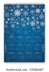 Snow New Year and Christmass theme with snowflakes Calendar for 2018, week starts Monday. Vector template