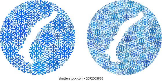 Snow Novaya Zemlya Islands map mosaic designed with circle and stencil. Vector Novaya Zemlya Islands map mosaic of snowflake particles in variable sizes and blue color tones.