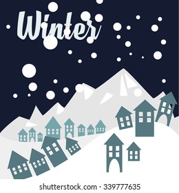 Snow on the background of a mountain valley , houses on a snowy plain , the Christmas story in the mountains , the winter holiday mood, vector illustration , winter night