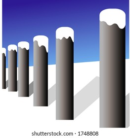 snow on fenceposts
