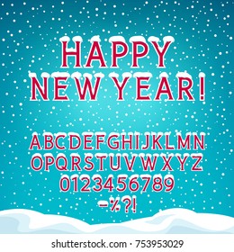 Snow on the Letters, Holiday Winter Background with Alphabet and Numbers, Snowfall and Snowdrifts, Vector Illustration