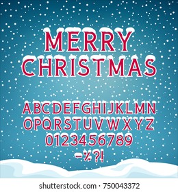 Snow On The Letters, Winter Font, Holiday Background With Alphabet And Numbers, Snowfall And Snowdrifts, Vector Illustration 