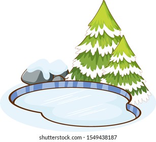 Snow on pine tree and pond illustration