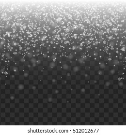 Snow on transparent background. Christmas decoration. Winter snowfall. Vector illustration