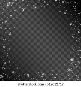 Snow on transparent background. Christmas decoration. Winter snowfall. Vector illustration
