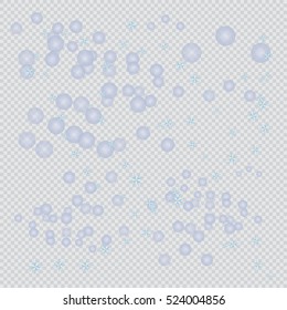 Snow on transparent background. Christmas decoration. Winter snowfall. Vector illustration