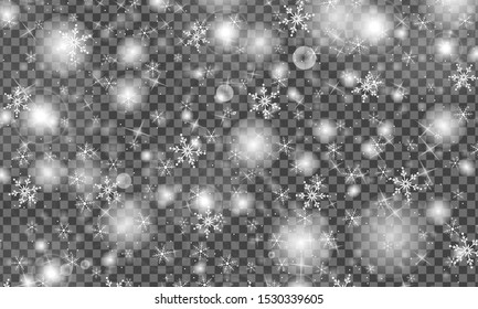 Snow on transparent background. Vector illustration with snowflakes. Winter sky. Christmas background. Falling snow.