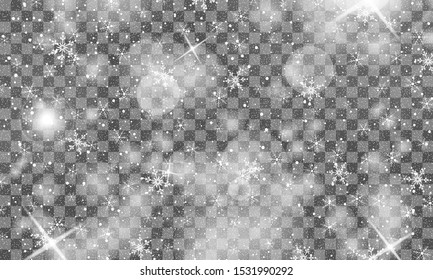 Snow on transparent background. Vector illustration with snowflakes. Winter sky. Christmas background. Falling snow.