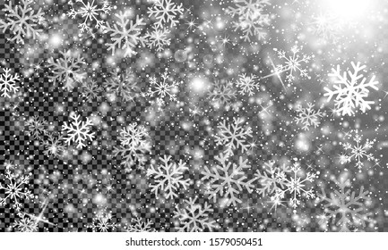 Snow on transparent background. Vector illustration with snowflakes. Winter sky. Christmas background 