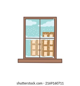 Nieve fuera del icono de la línea de color de la ventana. Pictograma para página web, aplicación móvil, promoción.