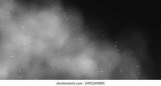 Snow overlay, cloud with snow particles, winter weather, snowstorm background. Vector illustration.