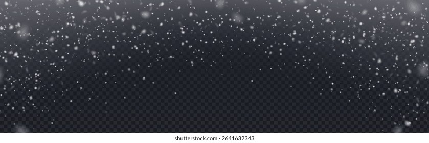 Snow overlay with falling white flake particles on transparent bg. Winter weather effect with various sizes of snowflakes. Realistic frozen precipitation for seasonal designs and holiday compositions.