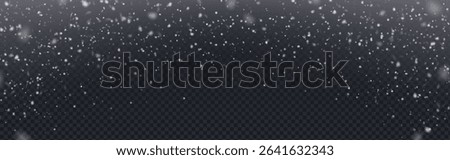 Snow overlay with falling white flake particles on transparent bg. Winter weather effect with various sizes of snowflakes. Realistic frozen precipitation for seasonal designs and holiday compositions.