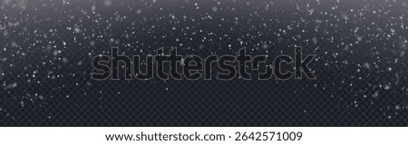 Snow overlay with falling white flake particles on transparent bg. Winter weather effect with various sizes of snowflakes. Realistic frozen precipitation for seasonal designs and holiday compositions.