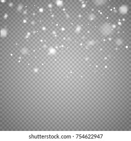 Snow overlay on transparent background. Vector illustration of falling snowflakes isolated. Vector template