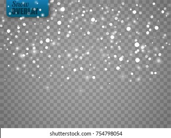 Snow overlay on transparent background. Vector illustration of falling snowflakes isolated. Vector template