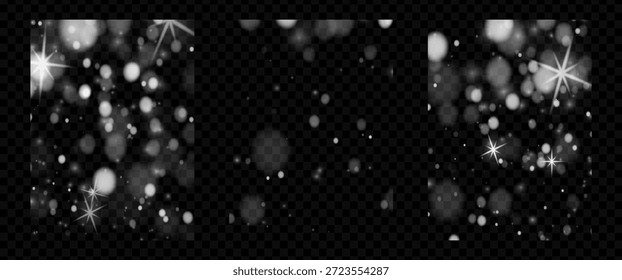 Schneedecke mit transparentem, weißem, fallendem Funkeln auf Winternachtshimmelhintergrund. Schneebedeckter Schichteffekt mit Pulverschleife und subtilem Licht für die Ferienzeit. Vektor isolierte vertikale Poster-Design.