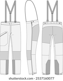 Snow Pants Bib Technical Fashion Illustration Mock-up Winter Bottoms Template for Design and Tech Packs featuring Front, Side and Back Views