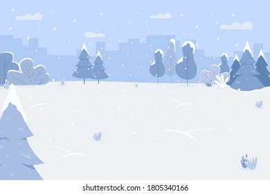 Snow park semi flat vector illustration. Winter scenery in city center. Place with trees for family recreation. Snowfall on traditional holiday. Cold season 2D cartoon cityscape for commercial use