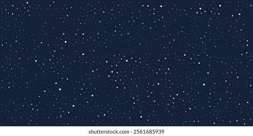 Snow particles scattered on dark blue background. Magical snowflakes backdrop. Snowstorm. Winter snowy weather.