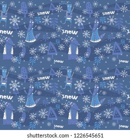 snow party, winter celebration vector pattern for your product, happy animals dressed in winter clothes