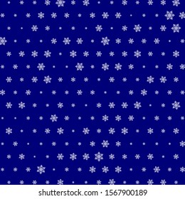 Snow pattern. Vector illustration. White snowflakes on blue background. Falling snow.