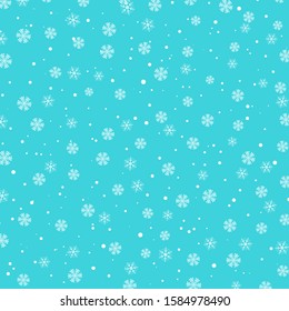 Snow pattern. Vector illustration. White snowflakes on blue background. Falling snow.