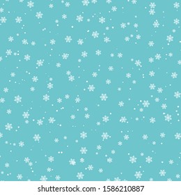 Snow pattern. Vector illustration. White snowflakes on blue background. Falling snow.