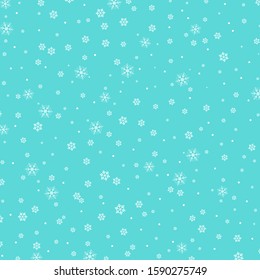 Snow pattern. Vector illustration. White snowflakes on blue background. Falling snow.