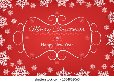 Snow pattern with white snowflakes border on a red background. Christmas abstract rectangular decorative art frame. New year vector festive illustration.