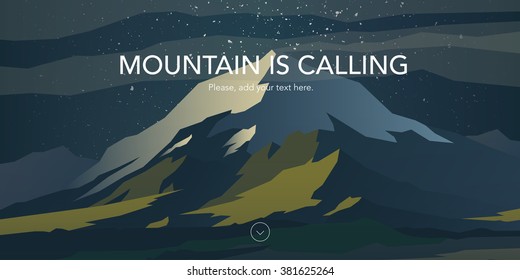 Snow peak and green hills landscape. Bright colors of the sunset. Mountain is calling. Web header. Modern flat design. Vector illustration.