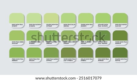 Snow Peas Color Palette, Snow Peas Color Guide Palette with Color Names. Catalog Samples of Green colors with RGB HEX codes. plastic, paint, natural Green colour, Fashion Trend Snow Peas Color shades