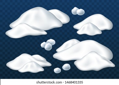 Snow pile set. Ice ball winter design. White blue snow template. Snowy frame decoration isolated blue transparent background. 3D realistic. Christmas, New Year frozen ice texture Vector illustration