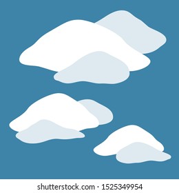 Snow pile set. Ice winter design. White blue design snow template. Snowy frame decoration isolated blue background. Contour outline cap. Christmas, New Year frozen ice texture Vector illustration