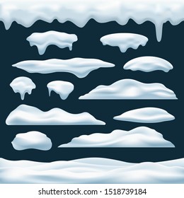 Snow pile vector icons set. Snows caps and roof icing objects, winter snowdrifts piles collection decoration elements for christmas games, new year banners