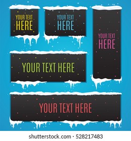 Snow piles and icicles set New Year decoration for website. Winter banners collection of different sizes. space for promotional Christmas labels